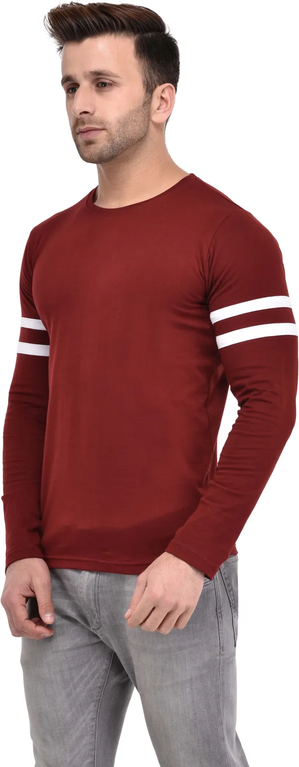 Maroon_Cotton_Blend_Full_Sleeve_Striped_Round_Neck_Slim_T-Shirt_For_Men