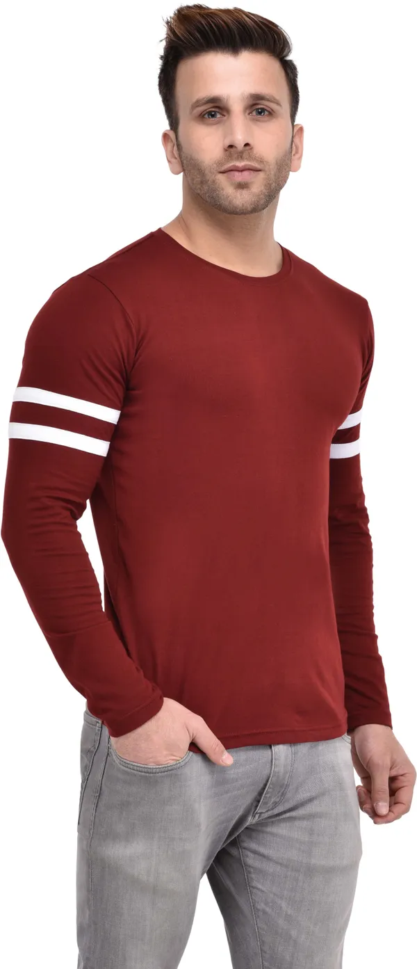 Maroon_Cotton_Blend_Full_Sleeve_Striped_Round_Neck_Slim_T-Shirt_For_Men