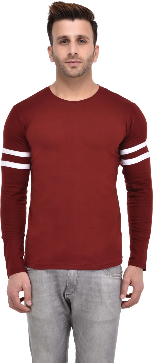 Maroon_Cotton_Blend_Full_Sleeve_Striped_Round_Neck_Slim_T-Shirt_For_Men