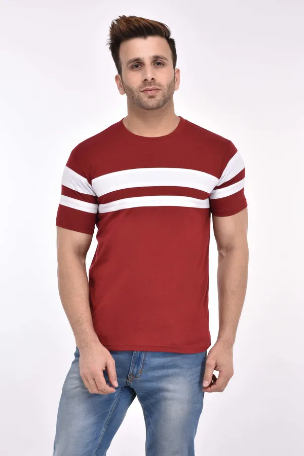 Maroon_Cotton_Blend_Half_Sleeve_Colorblock_Round_Neck_Slim_T-Shirt_For_Men
