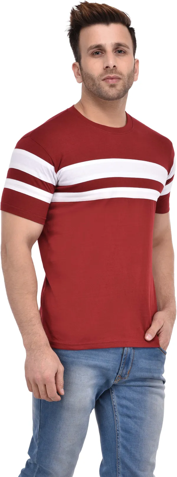 Maroon_Cotton_Blend_Half_Sleeve_Colorblock_Round_Neck_Slim_T-Shirt_For_Men