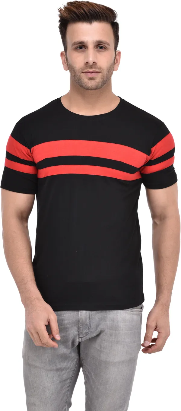 Black_Cotton_Blend_Half_Sleeve_Striped_Round_Neck_Slim_T-Shirt_For_Men