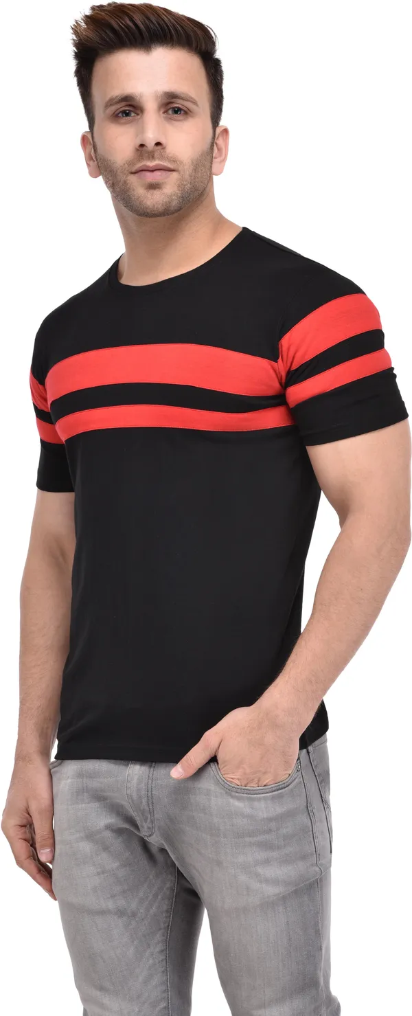 Black_Cotton_Blend_Half_Sleeve_Striped_Round_Neck_Slim_T-Shirt_For_Men