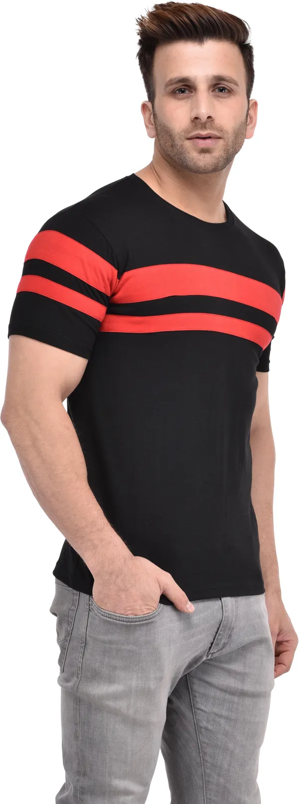 Black_Cotton_Blend_Half_Sleeve_Striped_Round_Neck_Slim_T-Shirt_For_Men