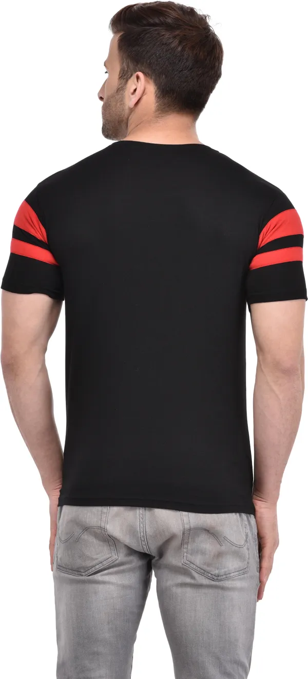 Black_Cotton_Blend_Half_Sleeve_Striped_Round_Neck_Slim_T-Shirt_For_Men