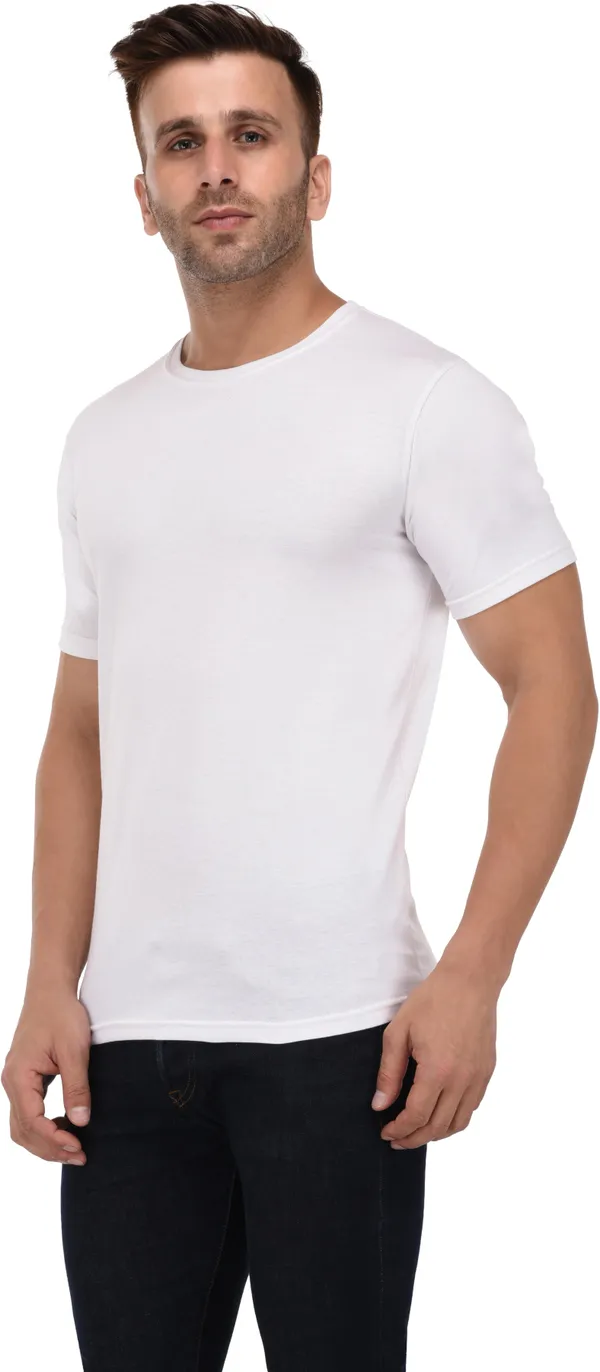 White_Cotton_Blend_Half_Sleeve_Solid_Round_Neck_Regular_T-Shirt_For_Men