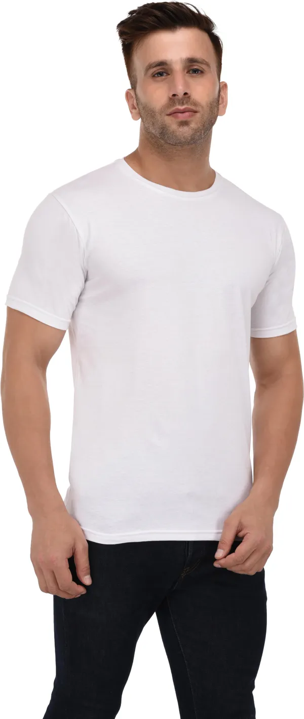 White_Cotton_Blend_Half_Sleeve_Solid_Round_Neck_Regular_T-Shirt_For_Men