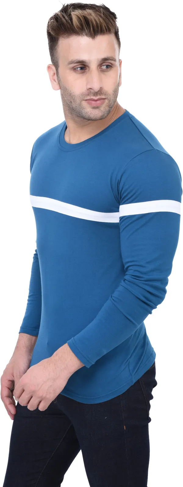 Light_Blue_Cotton_Blend_Full_Sleeve_Solid_Round_Neck_Regular_T-Shirt_For_Men