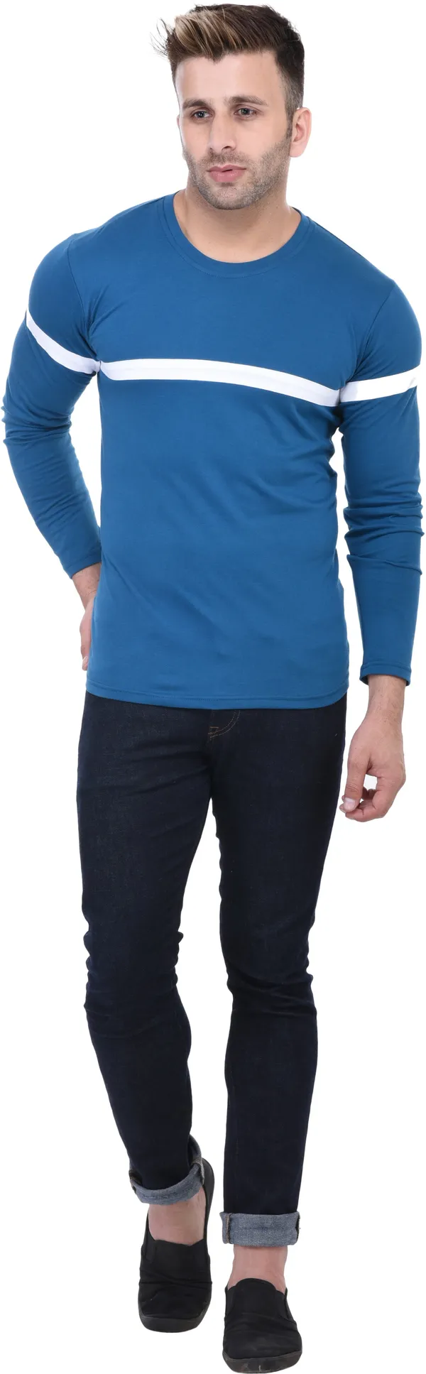 Light_Blue_Cotton_Blend_Full_Sleeve_Solid_Round_Neck_Regular_T-Shirt_For_Men
