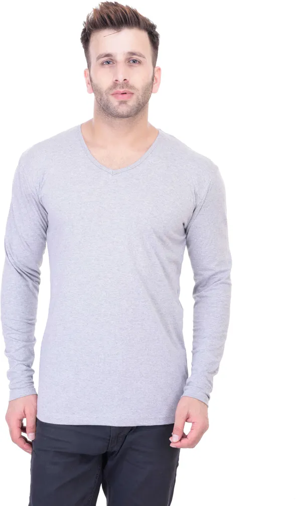Grey_Cotton_Blend_Full_Sleeve_Solid_V_Neck_Regular_T-Shirt_For_Men