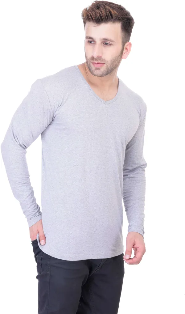 Grey_Cotton_Blend_Full_Sleeve_Solid_V_Neck_Regular_T-Shirt_For_Men