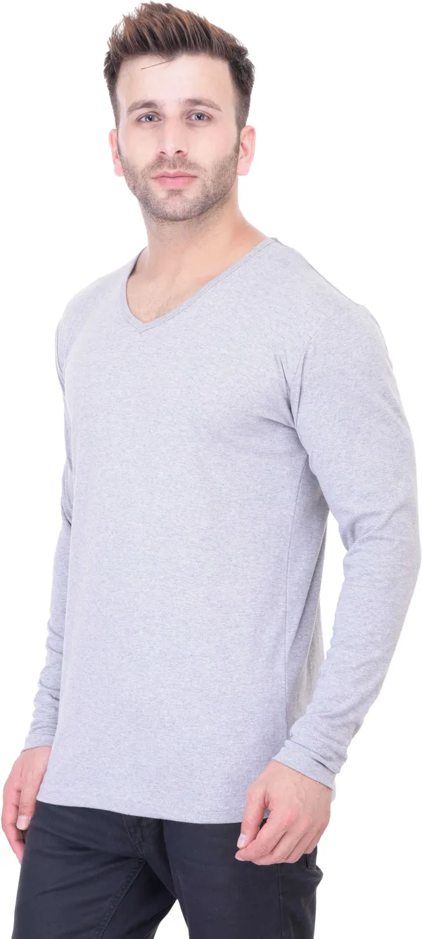 Grey_Cotton_Blend_Full_Sleeve_Solid_V_Neck_Regular_T-Shirt_For_Men
