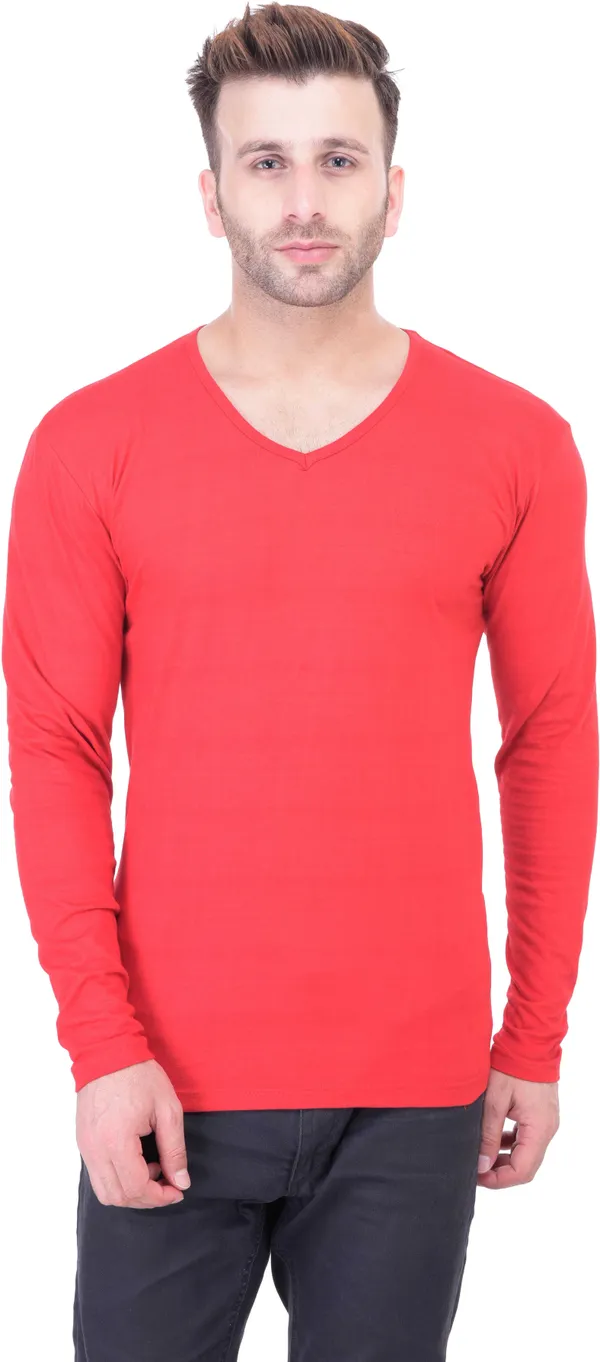 Red_Cotton_Blend_Full_Sleeve_Solid_V_Neck_Regular_T-Shirt_For_Men