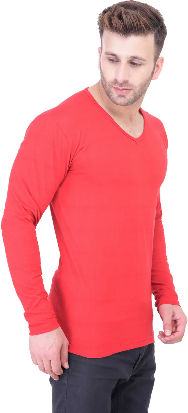 Red_Cotton_Blend_Full_Sleeve_Solid_V_Neck_Regular_T-Shirt_For_Men