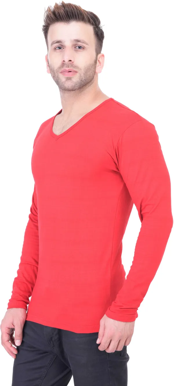 Red_Cotton_Blend_Full_Sleeve_Solid_V_Neck_Regular_T-Shirt_For_Men