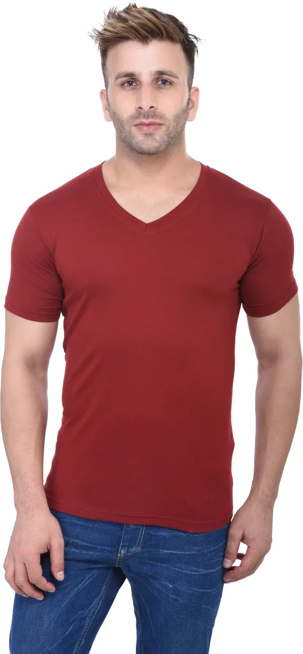 Maroon_Cotton_Blend_Half_Sleeve_Solid_V_Neck_Regular_T-Shirt_For_Men