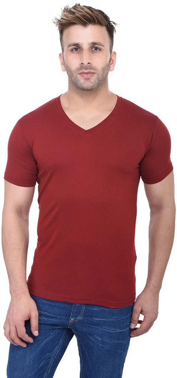 Maroon_Cotton_Blend_Half_Sleeve_Solid_V_Neck_Regular_T-Shirt_For_Men