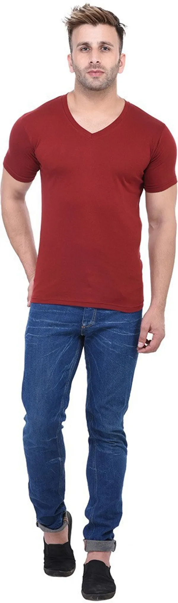 Maroon_Cotton_Blend_Half_Sleeve_Solid_V_Neck_Regular_T-Shirt_For_Men