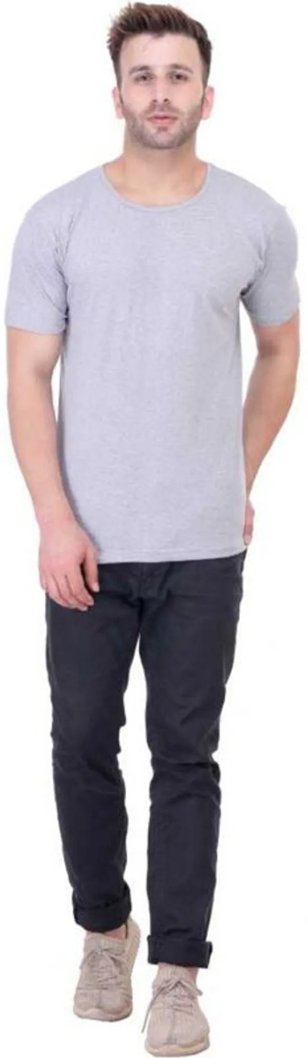 Grey_Cotton_Blend_Short_Sleeve_Solid_Round_Neck_Regular_T-Shirt_For_Men