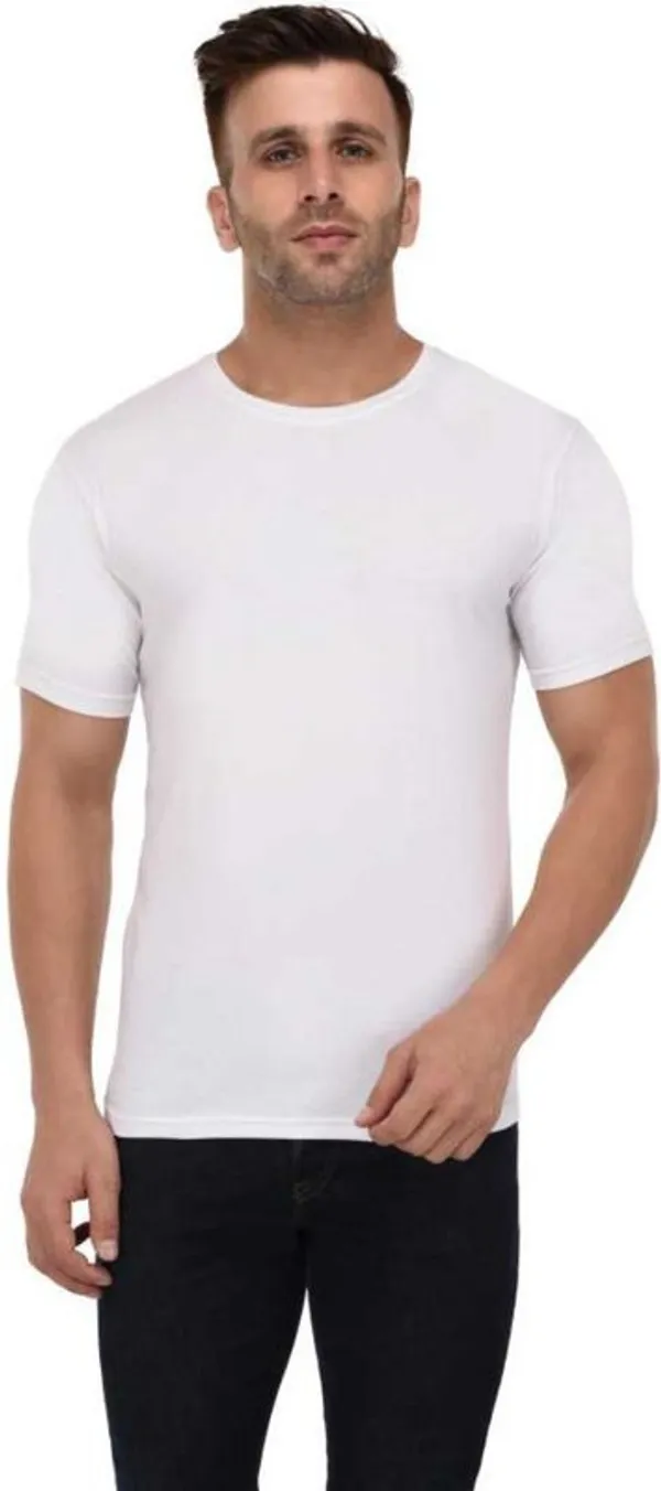 White_Cotton_Blend_Short_Sleeve_Solid_Round_Neck_Regular_T-Shirt_For_Men