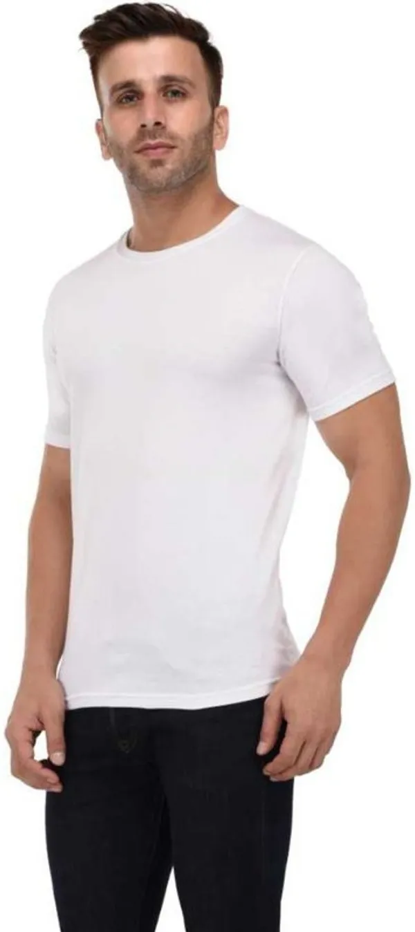 White_Cotton_Blend_Short_Sleeve_Solid_Round_Neck_Regular_T-Shirt_For_Men