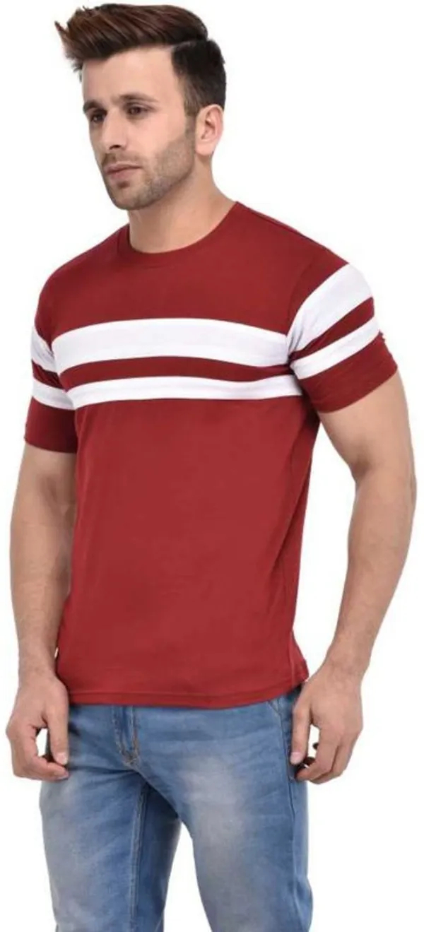 White_&_Maroon_Cotton_Blend_Half_Sleeve_Striped_Round_Neck_Regular_T-Shirt_For_Men