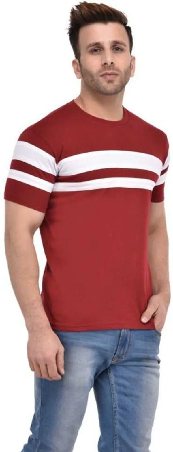 White_&_Maroon_Cotton_Blend_Half_Sleeve_Striped_Round_Neck_Regular_T-Shirt_For_Men