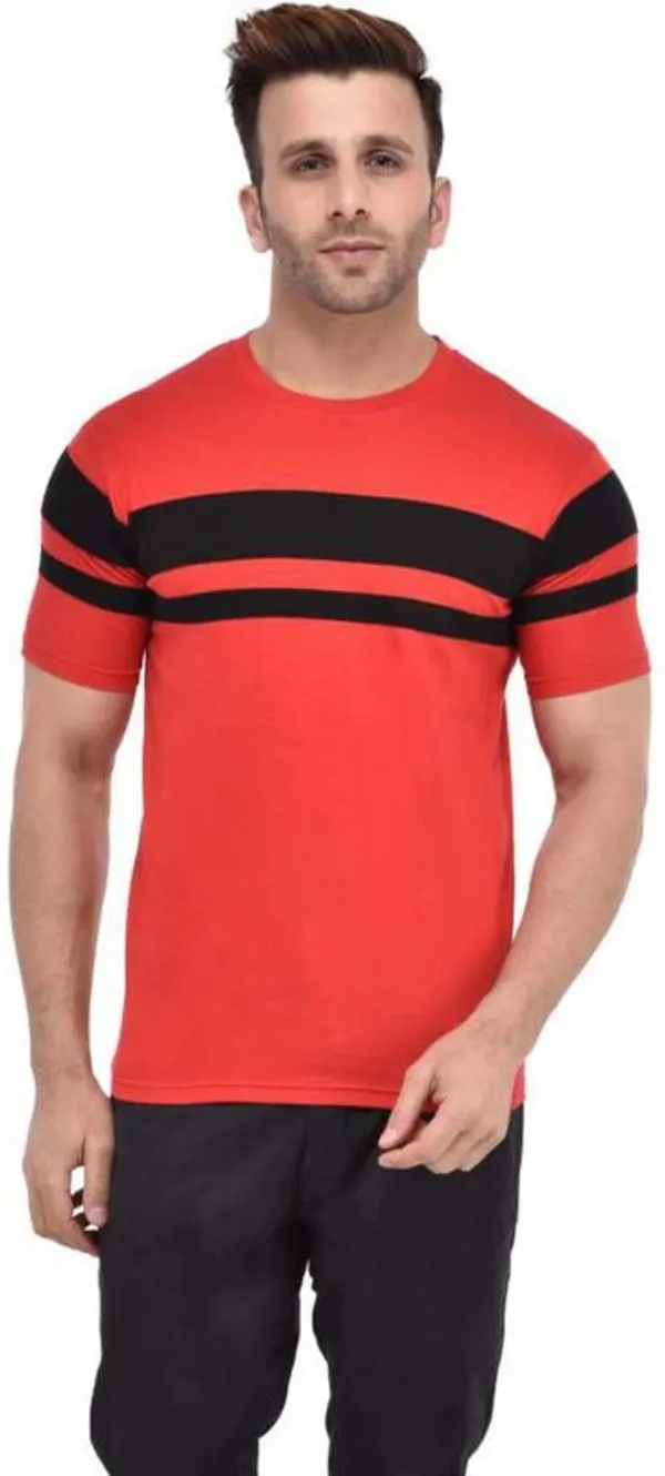 Red_&_Black_Cotton_Blend_3/4_Sleeve_Striped_Round_Neck_Regular_T-Shirt_For_Men