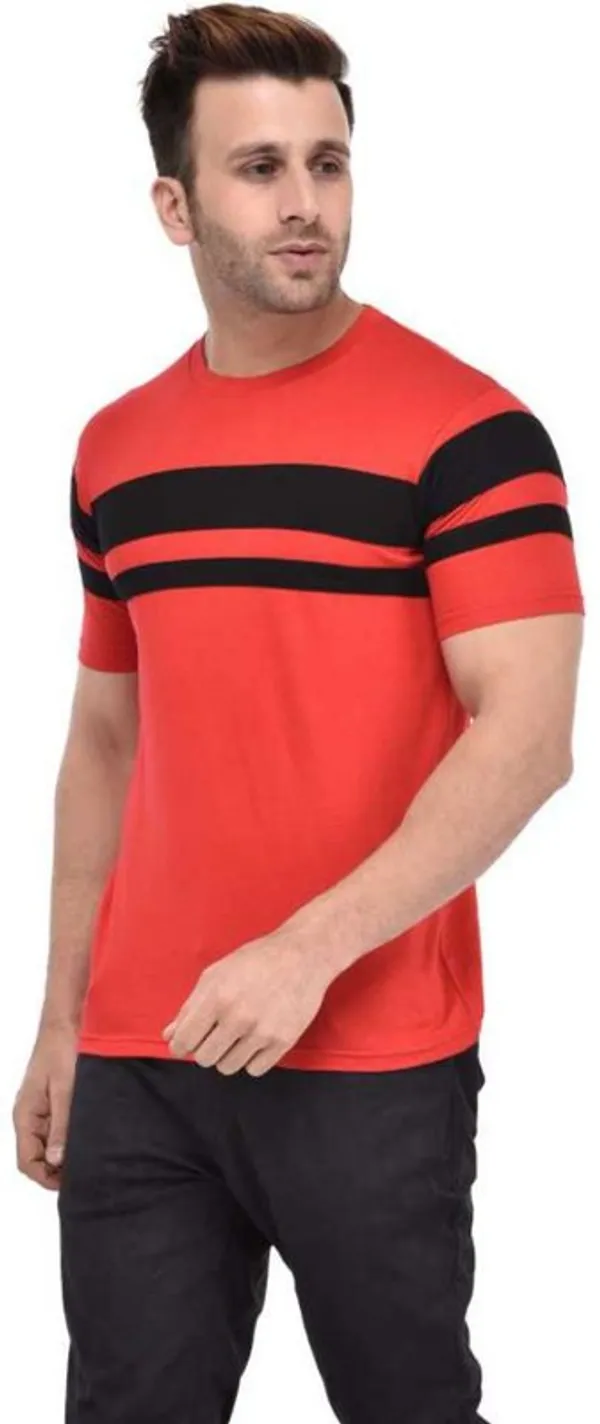 Red_&_Black_Cotton_Blend_3/4_Sleeve_Striped_Round_Neck_Regular_T-Shirt_For_Men
