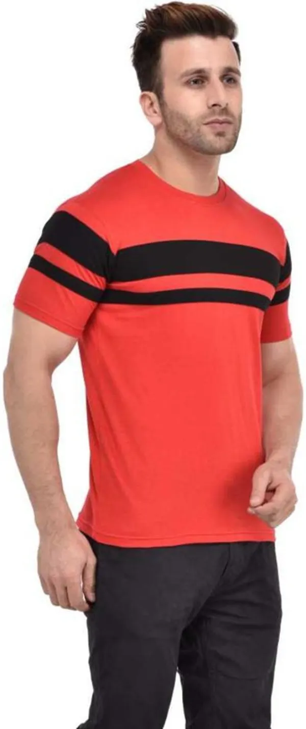 Red_&_Black_Cotton_Blend_3/4_Sleeve_Striped_Round_Neck_Regular_T-Shirt_For_Men