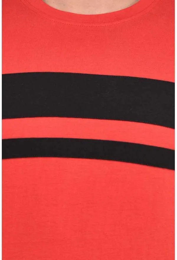 Red_&_Black_Cotton_Blend_3/4_Sleeve_Striped_Round_Neck_Regular_T-Shirt_For_Men