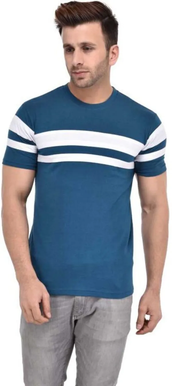 White_&_Blue_Cotton_Blend_Short_Sleeve_Striped_Round_Neck_Regular_T-Shirt_For_Men