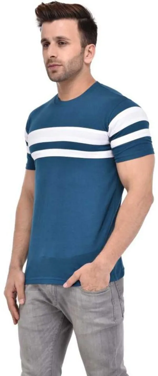White_&_Blue_Cotton_Blend_Short_Sleeve_Striped_Round_Neck_Regular_T-Shirt_For_Men