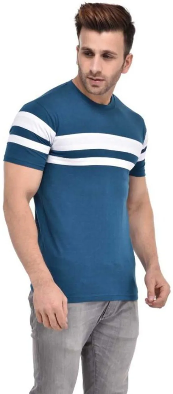 White_&_Blue_Cotton_Blend_Short_Sleeve_Striped_Round_Neck_Regular_T-Shirt_For_Men