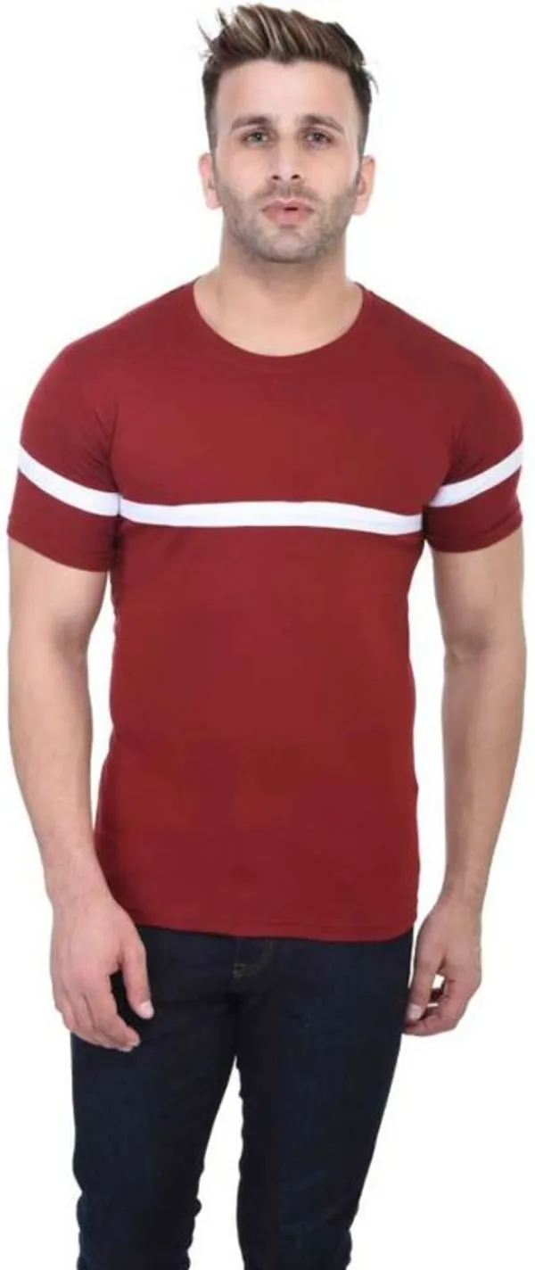 White_&_Maroon_Cotton_Blend_Short_Sleeve_Striped_Round_Neck_Regular_T-Shirt_For_Men