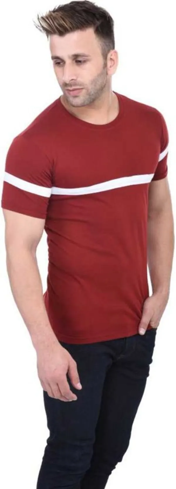 White_&_Maroon_Cotton_Blend_Short_Sleeve_Striped_Round_Neck_Regular_T-Shirt_For_Men