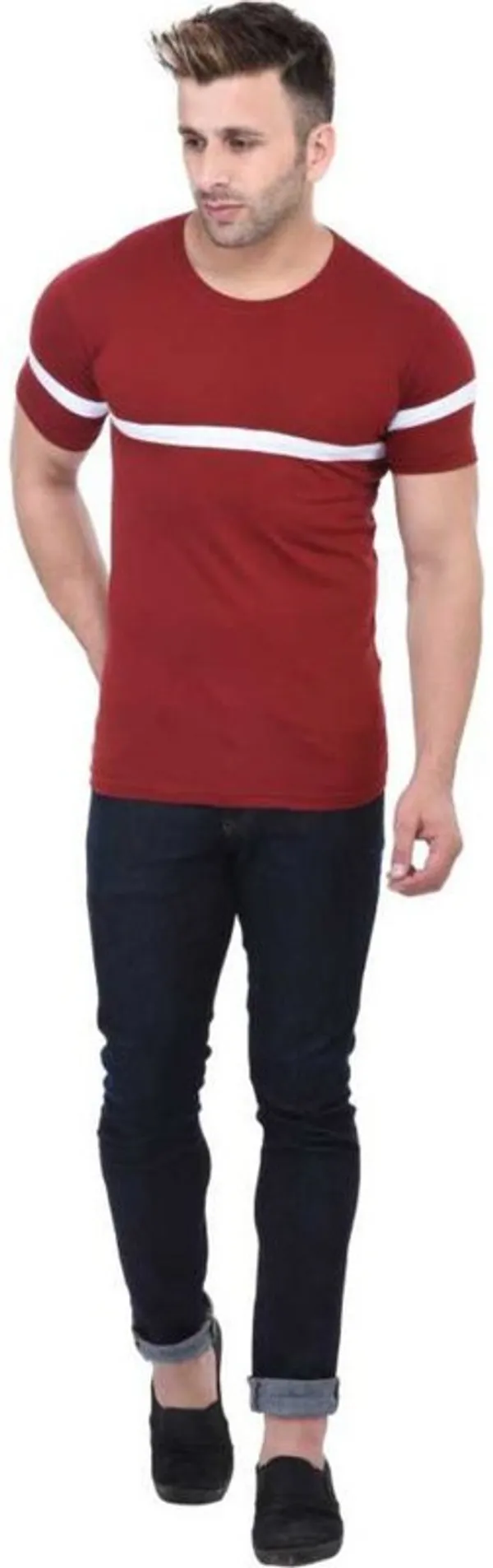 White_&_Maroon_Cotton_Blend_Short_Sleeve_Striped_Round_Neck_Regular_T-Shirt_For_Men