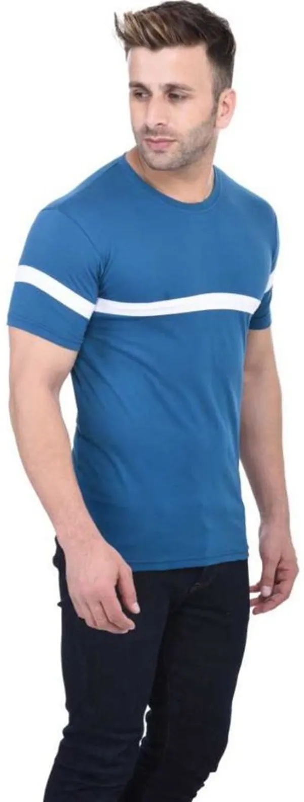 White_&_Blue_Cotton_Blend_Short_Sleeve_Striped_Round_Neck_Regular_T-Shirt_For_Men