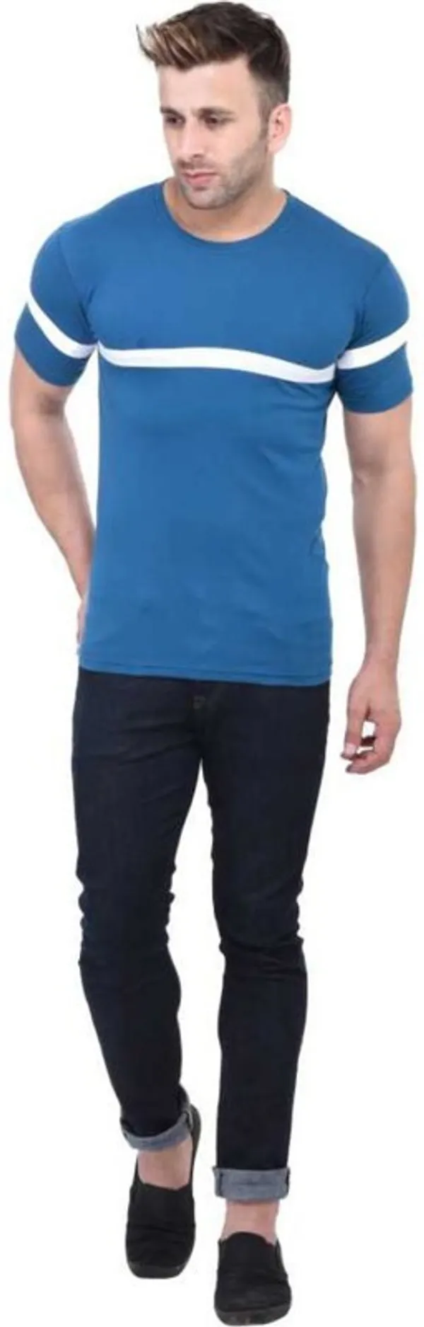 White_&_Blue_Cotton_Blend_Short_Sleeve_Striped_Round_Neck_Regular_T-Shirt_For_Men