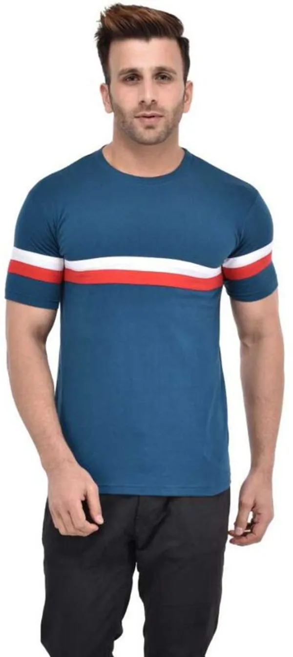 Blue_Cotton_Blend_Short_Sleeve_Striped_Round_Neck_Regular_T-Shirt_For_Men
