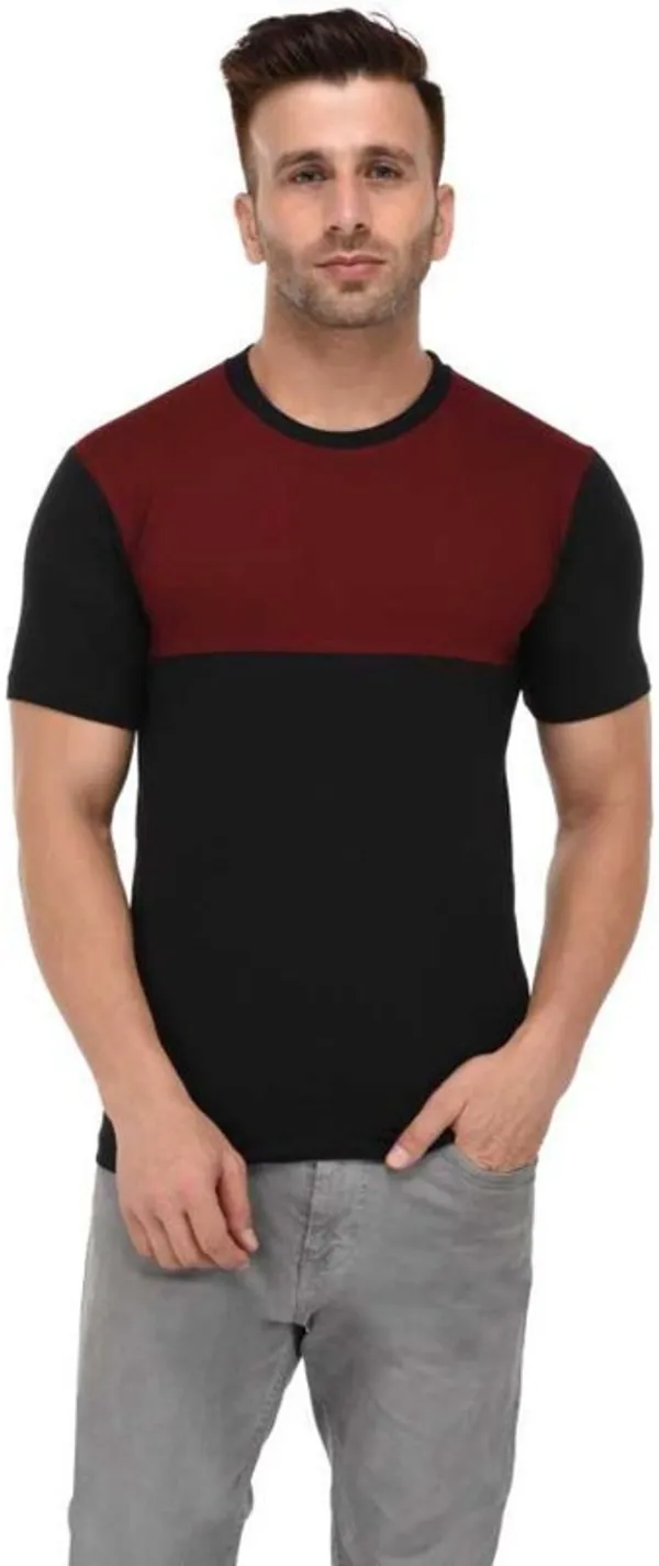 Maroon_&_Black_Cotton_Blend_Short_Sleeve_Colorblock_Round_Neck_Regular_T-Shirt_For_Men