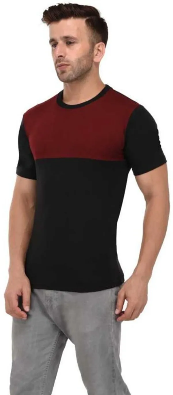 Maroon_&_Black_Cotton_Blend_Short_Sleeve_Colorblock_Round_Neck_Regular_T-Shirt_For_Men