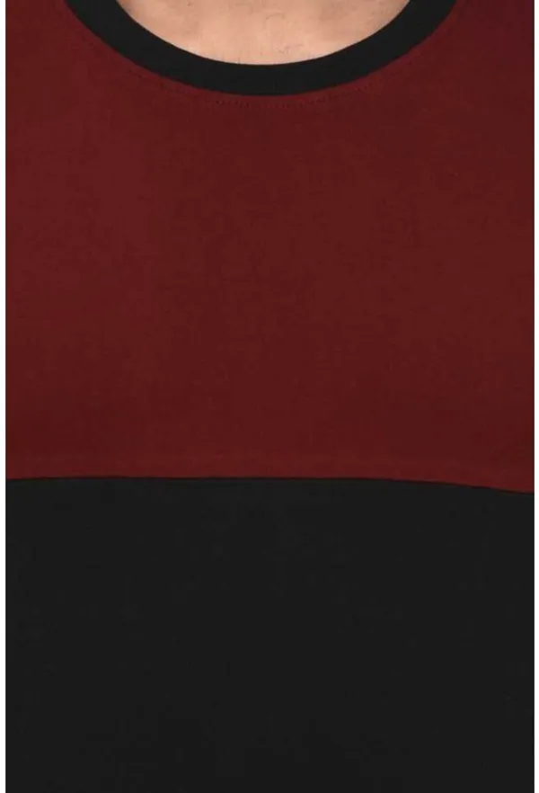 Maroon_&_Black_Cotton_Blend_Short_Sleeve_Colorblock_Round_Neck_Regular_T-Shirt_For_Men