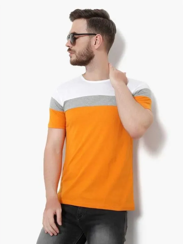 Yellow_Cotton_Blend_Short_Sleeve_Colorblock_Round_Neck_Regular_T-Shirt_For_Men