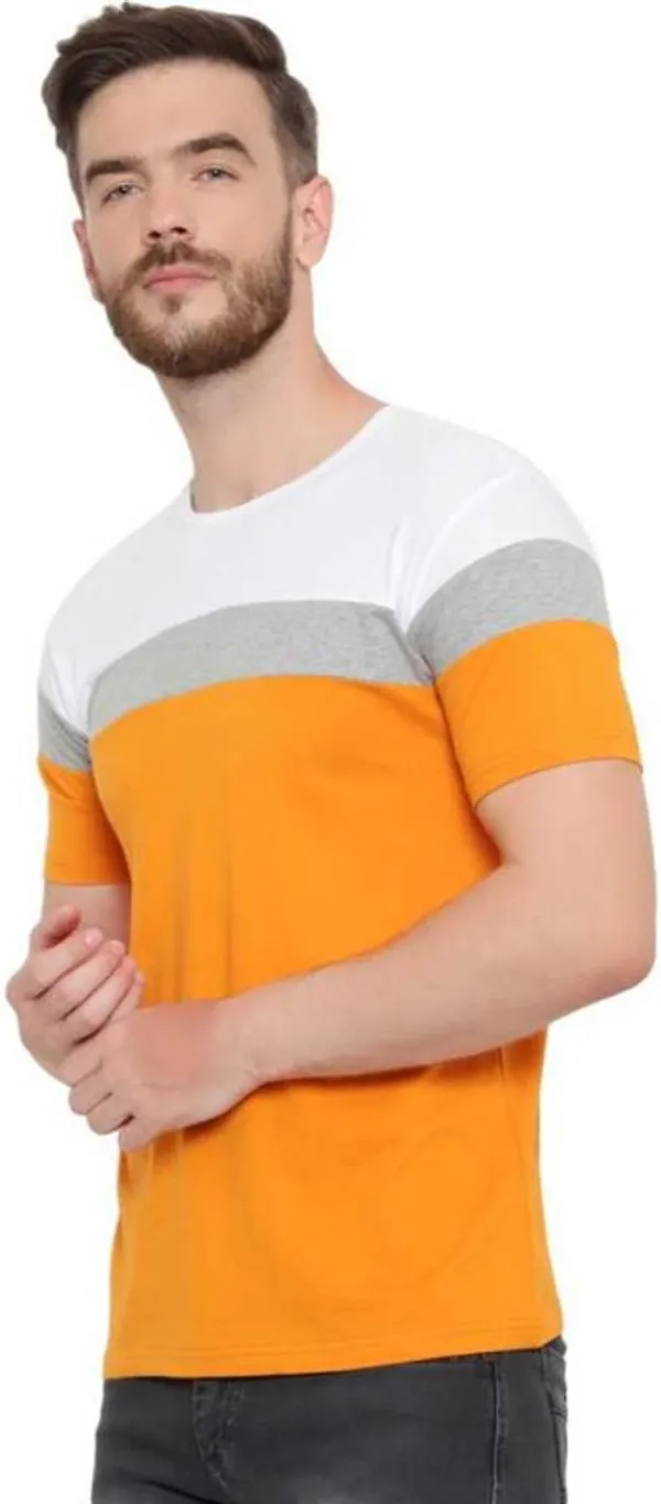 Yellow_Cotton_Blend_Short_Sleeve_Colorblock_Round_Neck_Regular_T-Shirt_For_Men