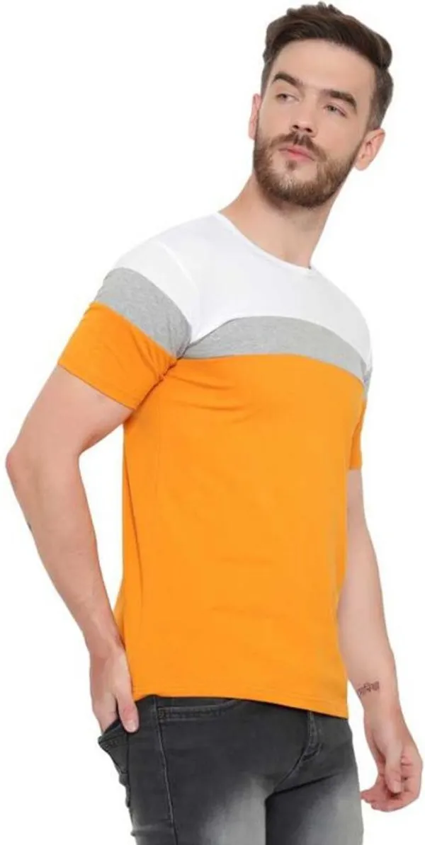 Yellow_Cotton_Blend_Short_Sleeve_Colorblock_Round_Neck_Regular_T-Shirt_For_Men