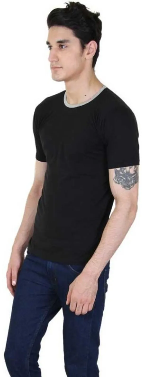 Black_Cotton_Blend_Short_Sleeve_Striped_Round_Neck_Regular_T-Shirt_For_Men