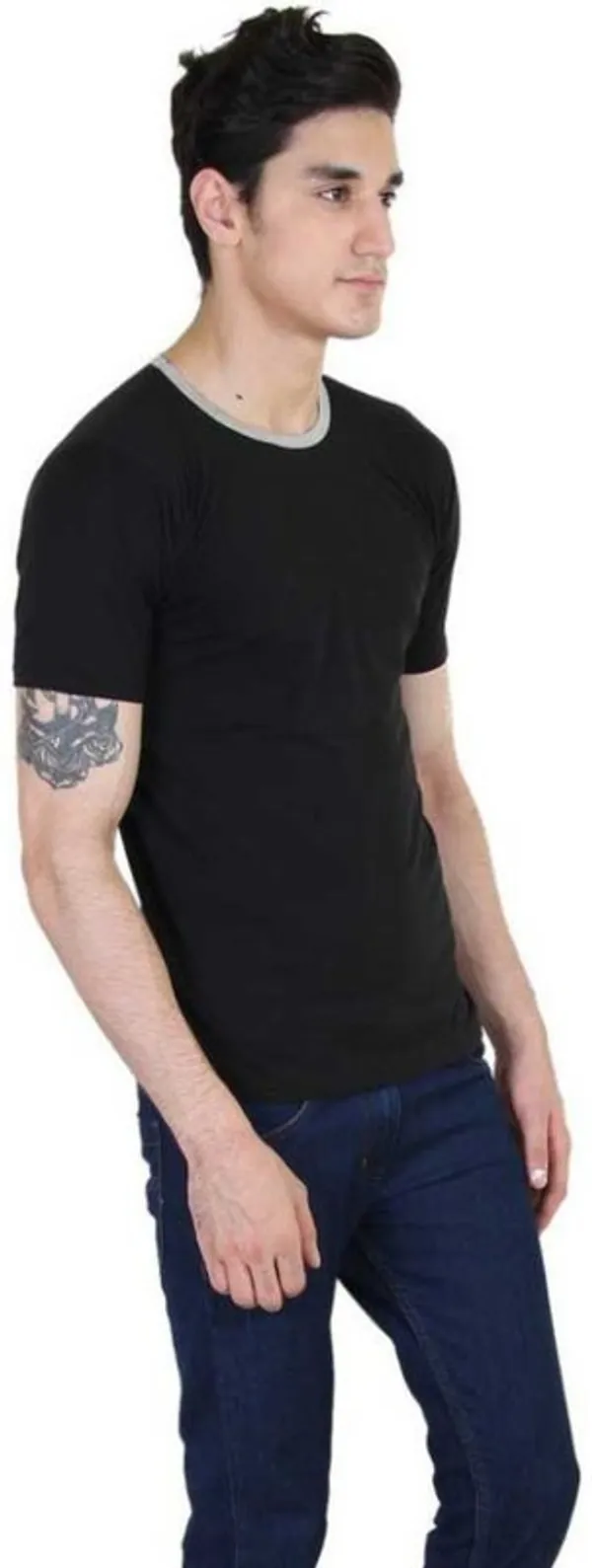 Black_Cotton_Blend_Short_Sleeve_Striped_Round_Neck_Regular_T-Shirt_For_Men