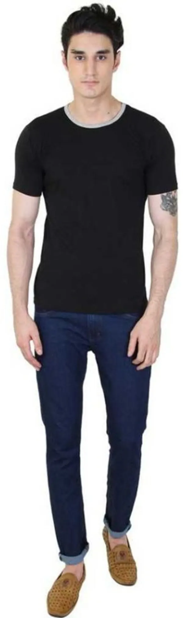 Black_Cotton_Blend_Short_Sleeve_Striped_Round_Neck_Regular_T-Shirt_For_Men