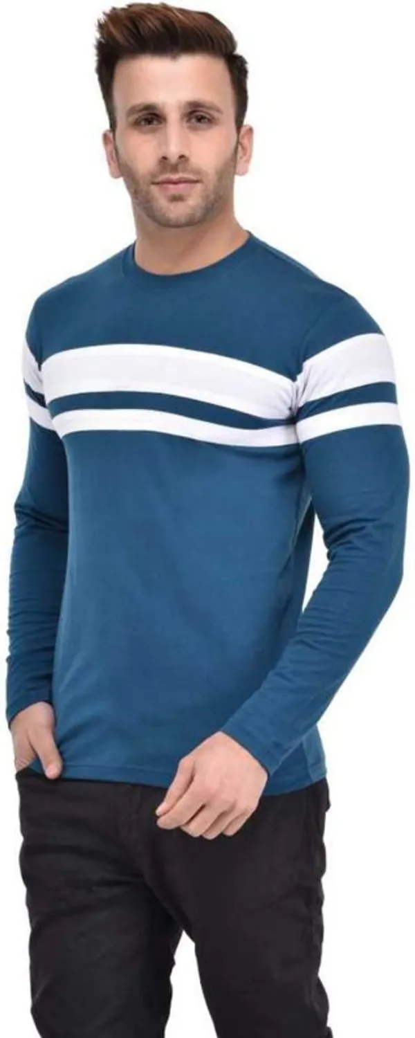 White_&_Blue_Cotton_Blend_Full_Sleeve_Striped_Round_Neck_Regular_T-Shirt_For_Men